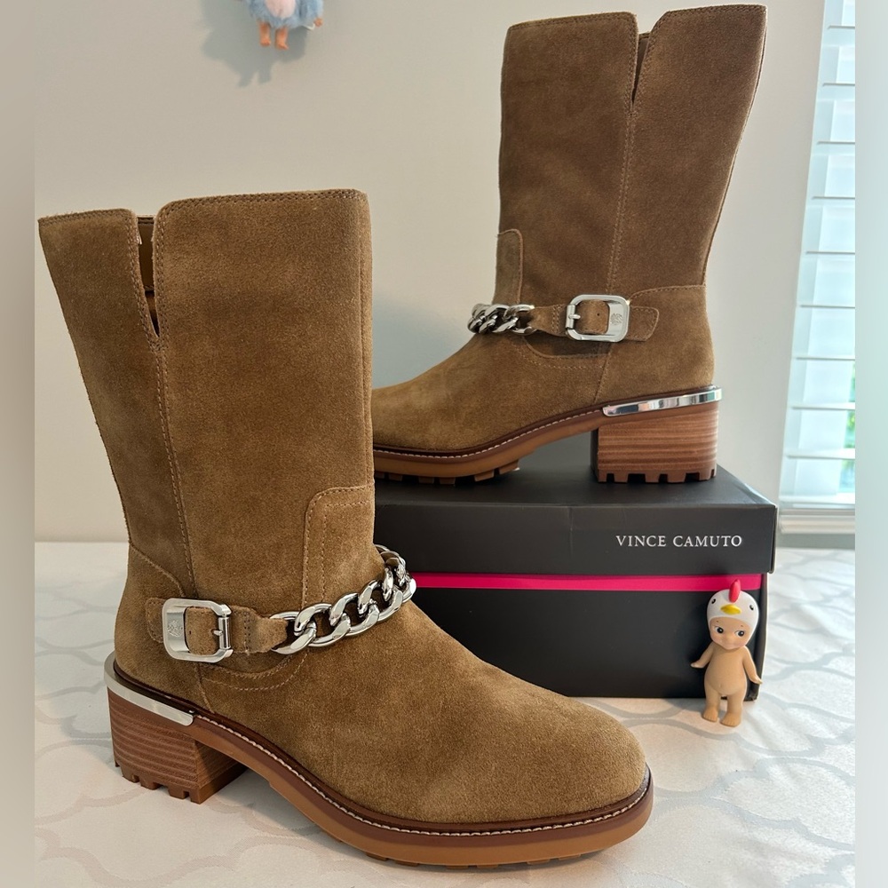 Vince Camuto Verona Tan Suede Heeled Boots with Chain Detail